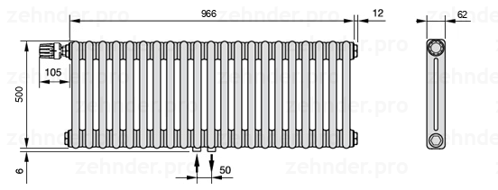 Схема (чертеж) Радиатор Zehnder Charleston 2050/21 №V007 Белый глянцевый RAL 9016